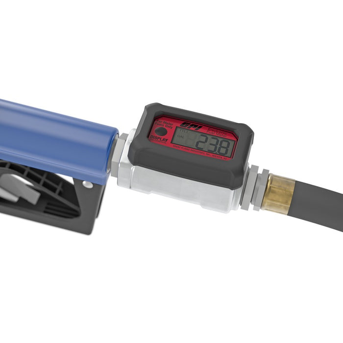 01A Series Fuel Meter installed inline on a hose with a nozzle